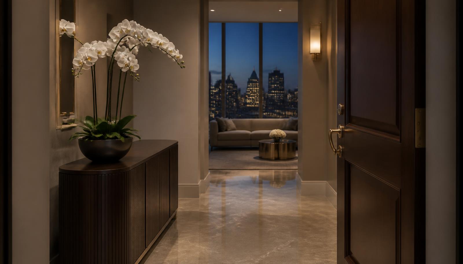 The entry vestibule of an Uptown Charlotte high-rise residence at dusk