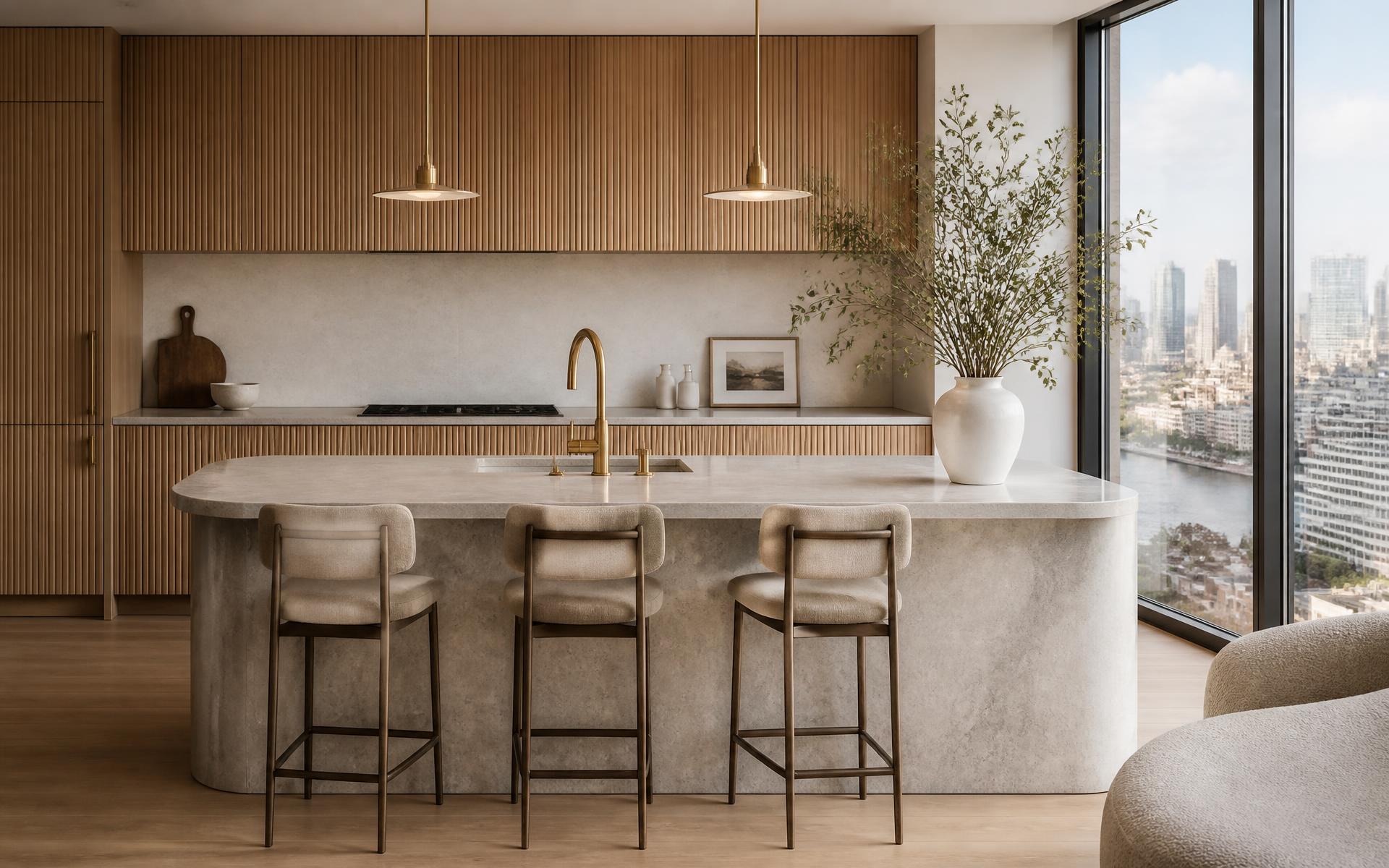 Custom millwork and stone kitchen inside a high-rise residence in Uptown Charlotte